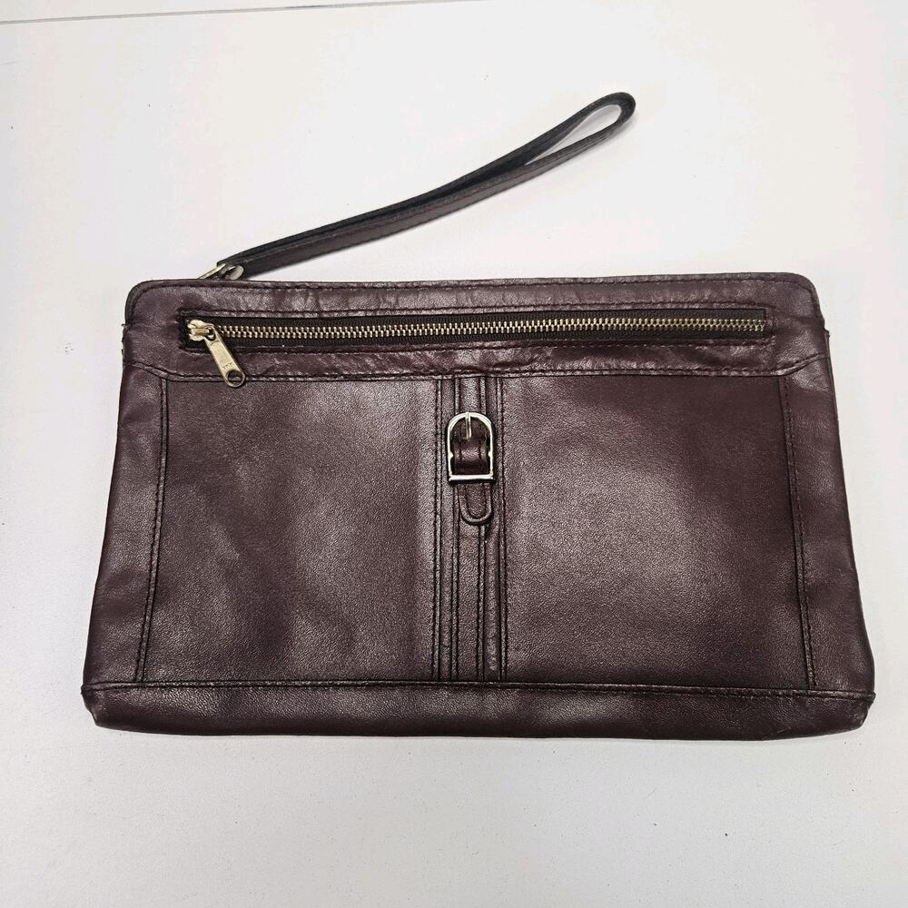 Vtg Pacific Connections Burgundy Brown Leather Clutch Purse Buckle Preppy